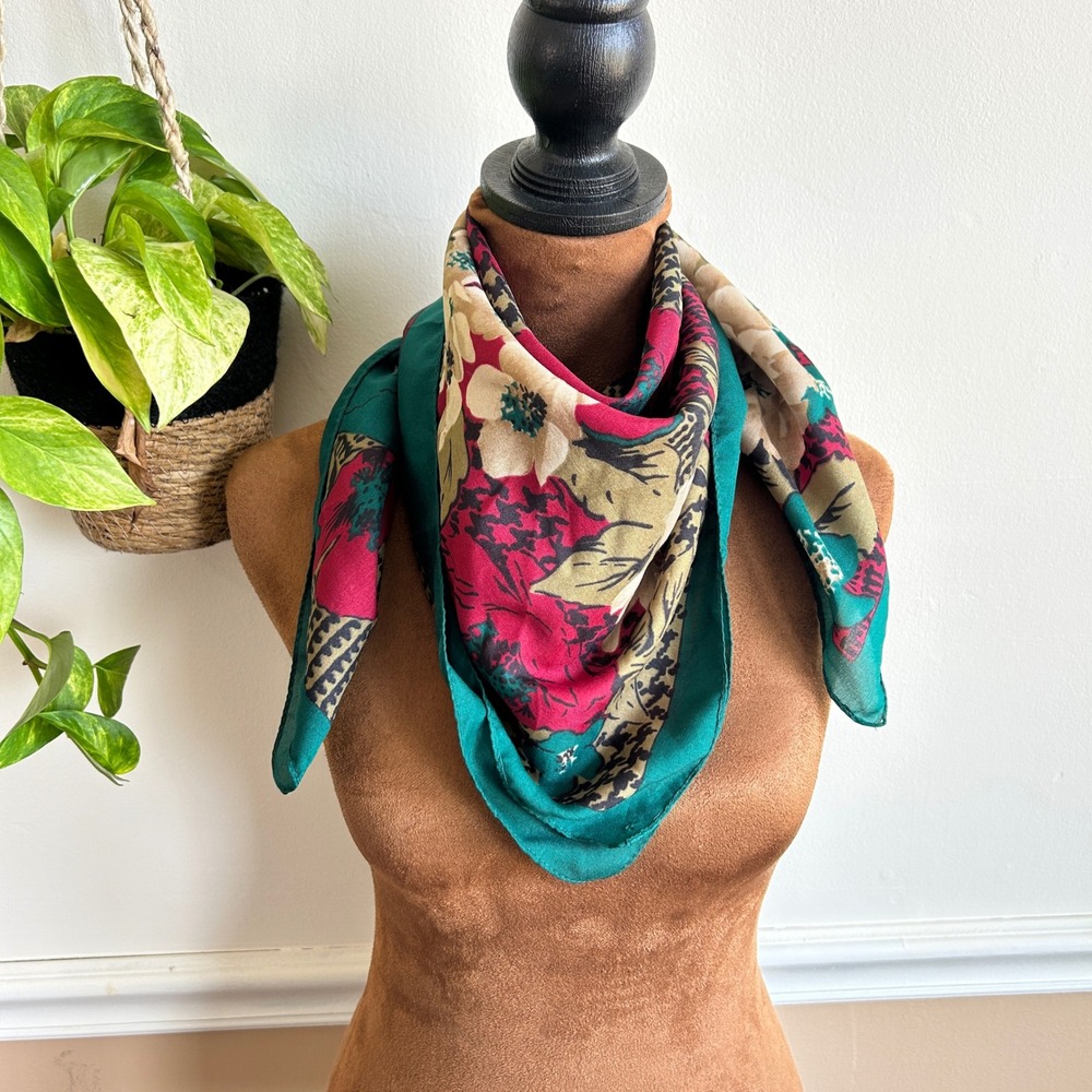 Vintage Floral Houndstooth Square Scarf Teal Magenta Tan Mixed Print Neckerchief